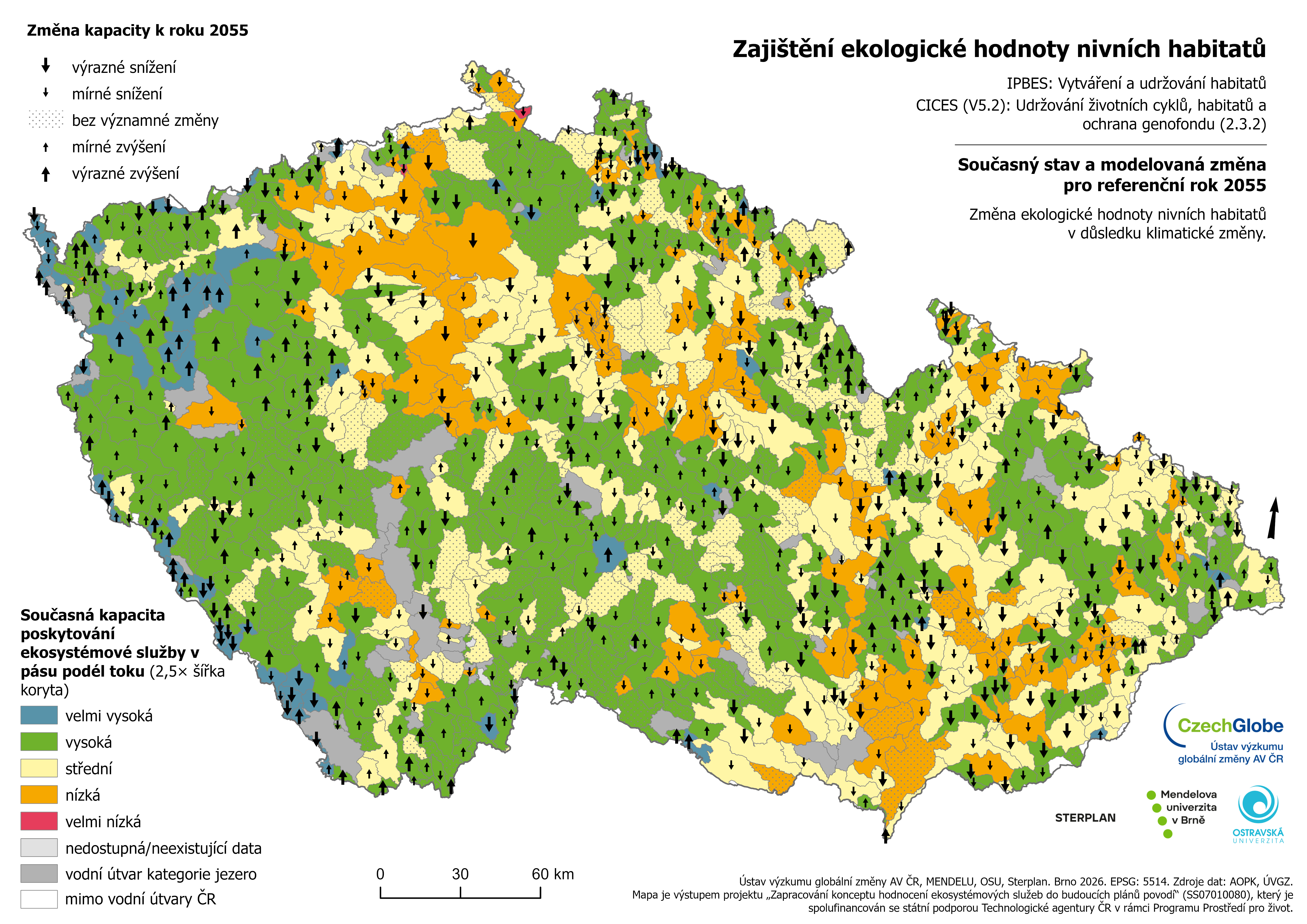 12b-K-55 - Ekologická hodnota habitatů v pásu podél toku (2055), porovnání se současným stavem